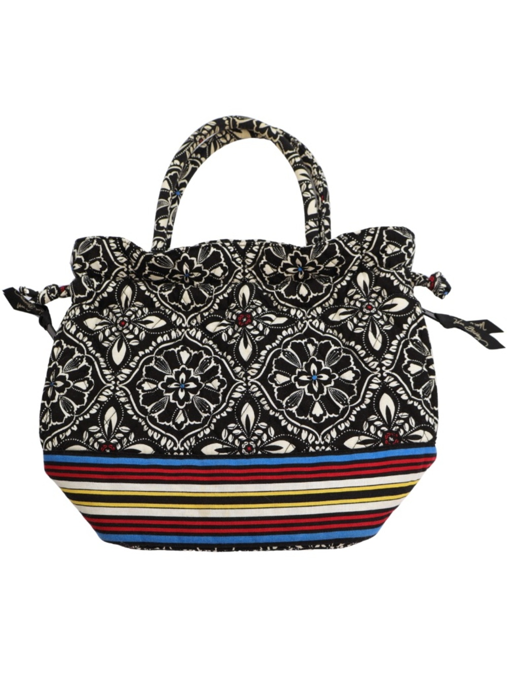 Vera Bradley Quilted Drawstring Tote Bag Black White Floral Stripe Purse